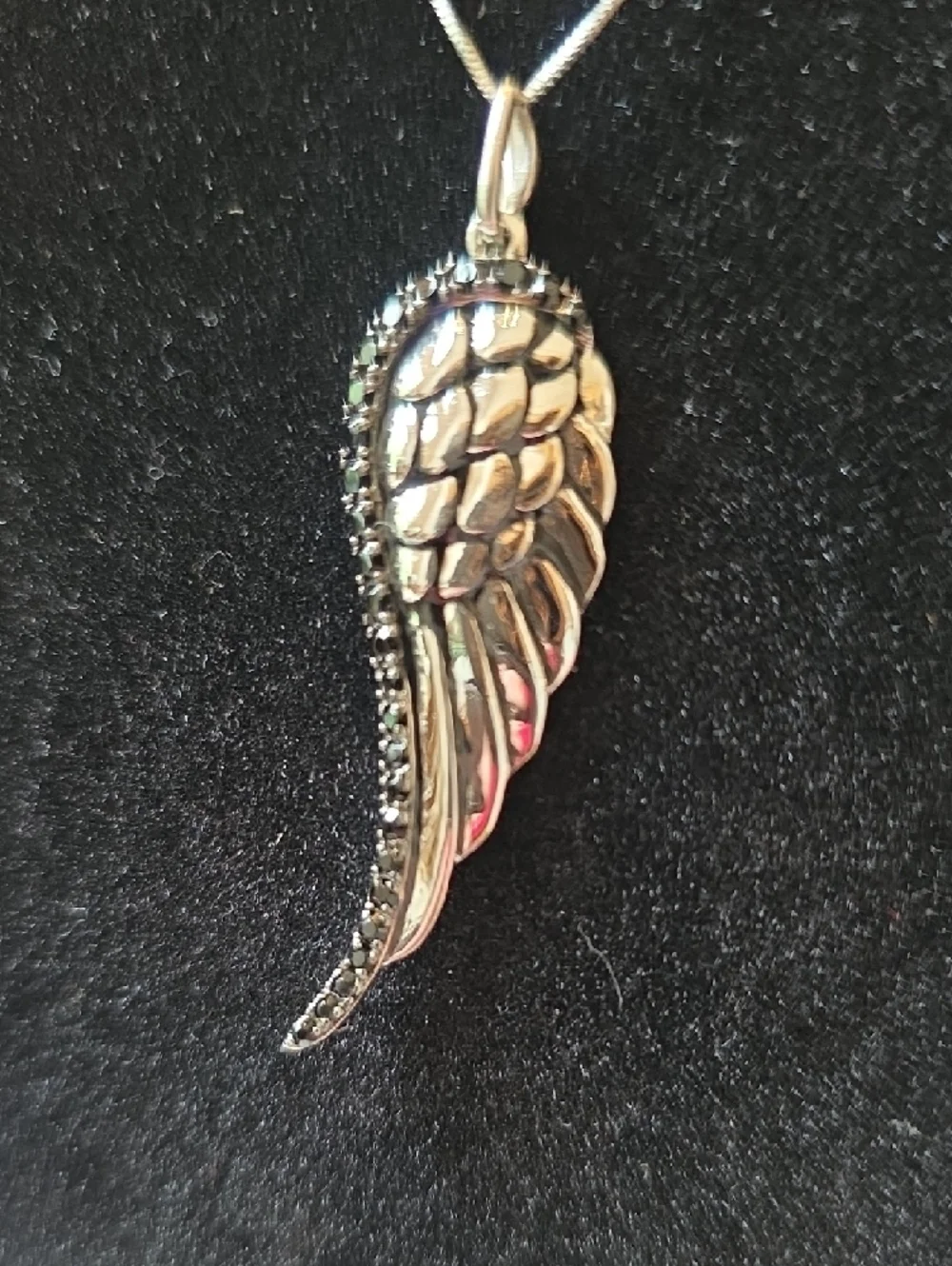 Sterling Silver Angel Wing Pendant Necklace With Black Stones - Picture 2 of 4